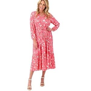 Encore by Idina Menzel Large Pink and White Floral Midi Romantic Tiers Dress R9